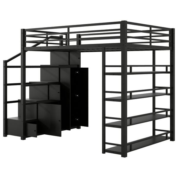 English Elm Queen Metal Loft Bed with Wardrobe Shelves and Staircase Storage in Matte Black N7090004203B