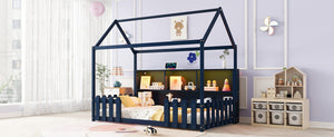 English Elm Twin House Bed with LED Light and Built-In Bookshelf, Solid Wood Playhouse Design for Kids Safety Navy Blue 78.15 L x 15.75 W x 6.1 H W2593P269090