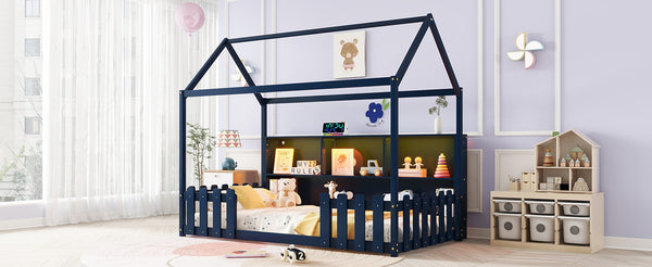English Elm Twin House Bed with LED Light and Built-In Bookshelf, Solid Wood Playhouse Design for Kids Safety Navy Blue 78.15 L x 15.75 W x 6.1 H W2593P269090