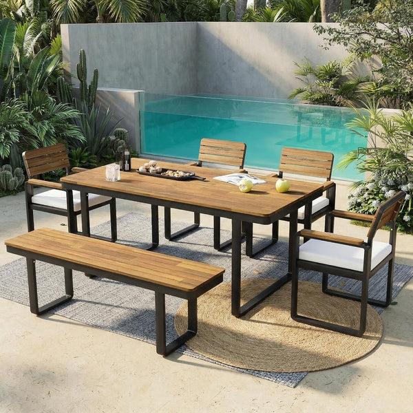 English Elm 6-piece Outdoor Acacia Wood Patio Dining Set with Cushioned Chairs Bench Steel Frame Beige N704G201255A