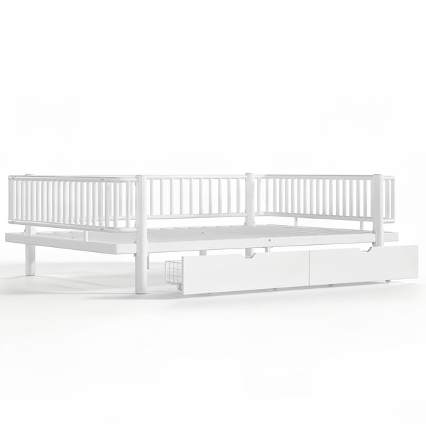 English Elm Queen Storage Platform Bed Low Profile Metal Frame with Built-in Drawers for Small Spaces Light White W5305P471354