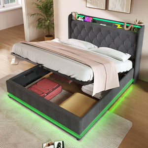 English Elm Queen Upholstered Bed with Surround LED, App/Remote Control, Hydraulic Storage, USB Type-C Charging Gray N736P188807G