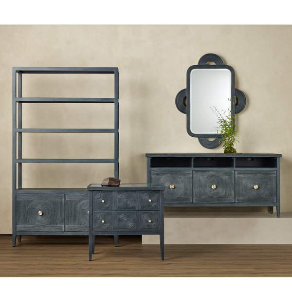 Santos Vintage Navy Storage Etagere - Stylish Mahogany with Rattan for Elegant Home Organization
