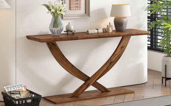 English Elm Mirod 57 Inch Acacia Veneer Console Table with Cross Leg Base for Entryway Brown N760P214643D