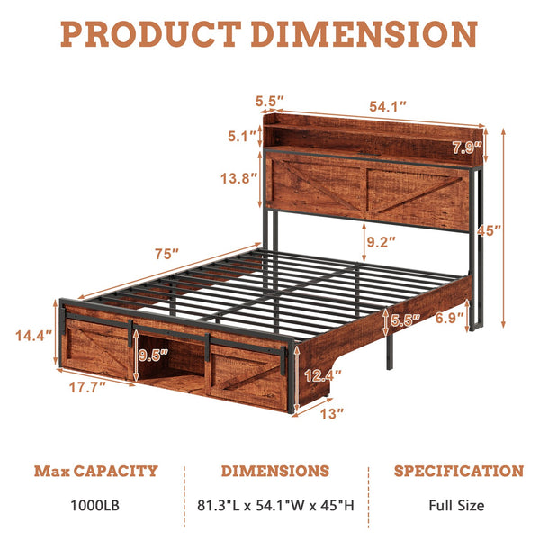 English Elm Full Upholstered Platform Bed with Led Lighting Storage Headboard and Charging Station W5026P429526