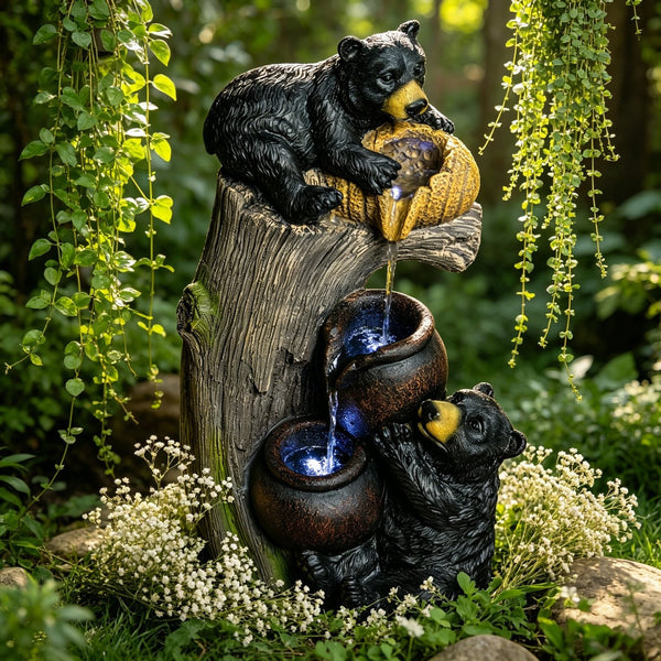English Elm Outdoor Rustic Barrel Resin Fountain with Led Lights Farmhouse Waterfall Patio Decor W5397P453894