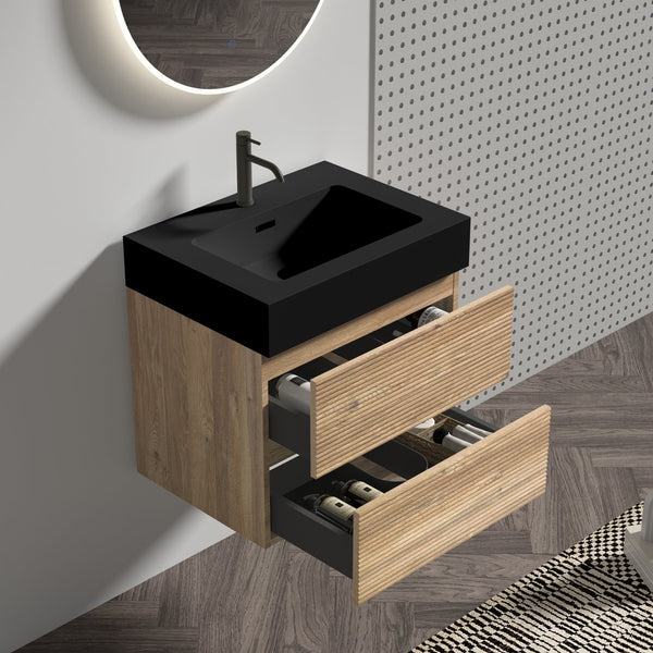 English Elm 24' Mid-Century Wall-Mounted Vanity with Engineered Quartz Basin, Hidden Handle, Extra Storage, Soft-Close Drawers Oak W1865S00164