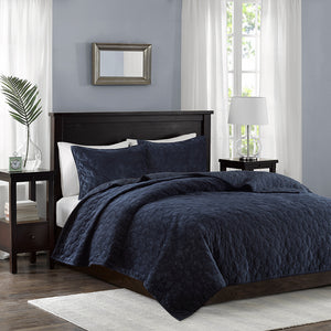 JLA Home Madison Park - 3 Velvet Quilt Set with Plush Geometric Quilting, Antimicrobial Finish, Silky Soft 3-Piece Bedding Navy MP13-3304