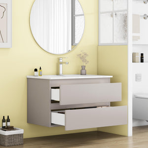 English Elm 32-Inch Wall-Mounted Bathroom Vanity With Soft-Close Drawers, Ceramic Sink & Modern Mocha Gray Finish W3151S00048
