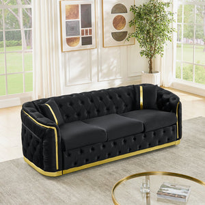English Elm 84.6 Inch Chesterfield Velvet Tufted Sofa with Gold Steel Trim for Glam Living Rooms Black W1191S00094