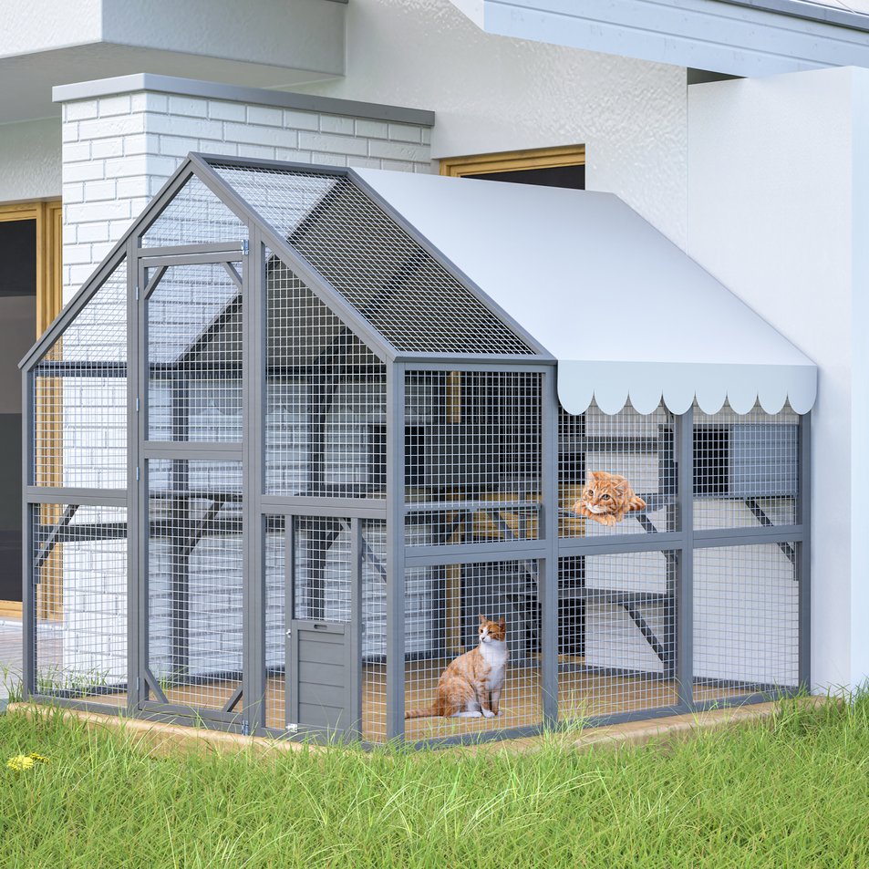 English Elm Extra Large Walk-in Outdoor Cat Enclosure with Oxford Roof Ramps and Dual Resting Huts W1422S00047