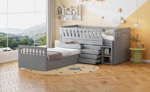 English Elm L-shaped Twin Loft Platform Bed with 7 Drawers Full Guardrails Kids White Pine LT000853AAE