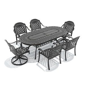 English Elm 7-piece Cast Aluminum Oval Patio Dining Set with Swivel Chairs Carved Detail W1710S00664