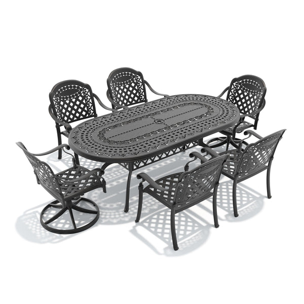 English Elm 7-piece Cast Aluminum Oval Patio Dining Set with Swivel Chairs Carved Detail W1710S00664