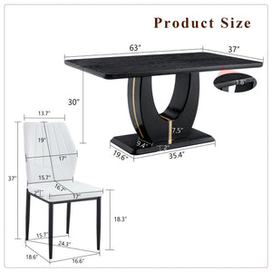 English Elm Black Wood Grain Mdf Dining Set for Six with White Shell Back Pu Leather Chairs W1151S04436