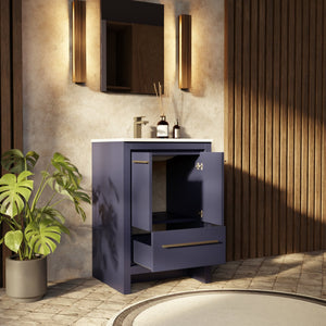 English Elm Navy Wood Bath Vanity 24"W x 20"D with White Quartz Top, Soft-Close Storage & 18" Mirror B2731S01474