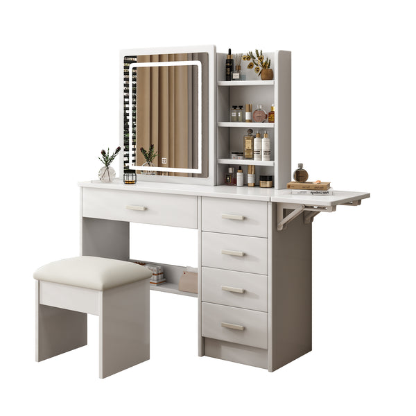 English Elm Fashion Vanity Desk With Adjustable Led Lighting, 5 Drawers, Elegant Mirror & Chair Set For Makeup W509P173272