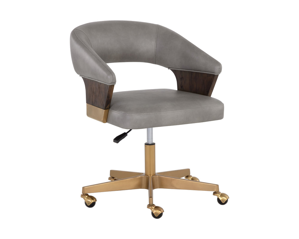 Sunpan Leonce Mid-Century Modern Office Chair with Faux Leather, Walnut Arms & Gold Stainless Steel Base
