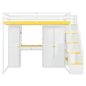 English Elm Full Size Teen Loft Bed with Staircase Shelves Wardrobe Vanity and Led Lighting LT000276AAL