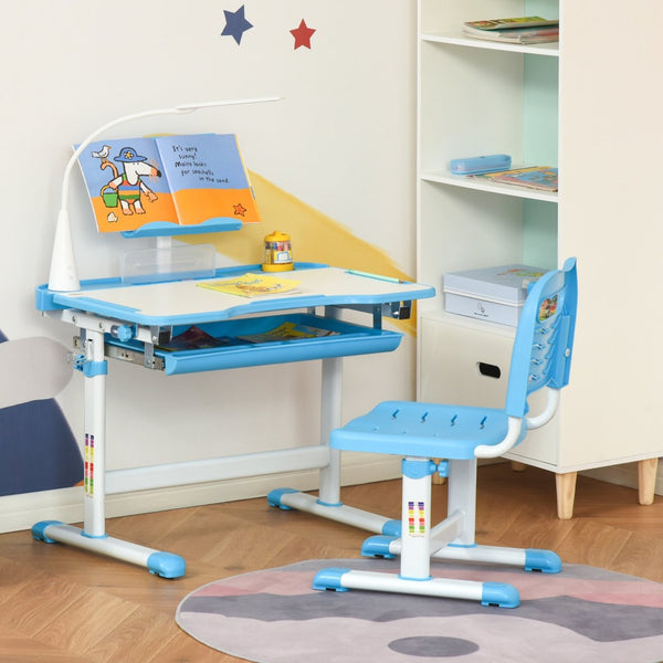 English Elm Qaba Kids Activity Desk And Chair Set With Adjustable Height, Usb Light, Storage Drawer, Blue/White W2225P200635-GIGA