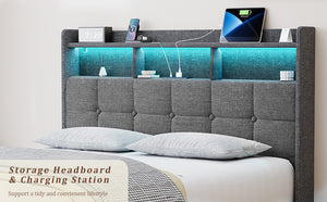 English Elm Queen LED Linen Platform Bed with USB-C/A Charging, 2 Drawers, Memory Foam Headboard, Light Gray W1550P190365