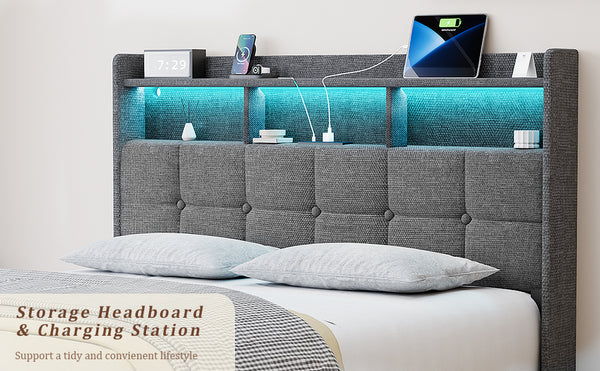 English Elm Queen LED Linen Platform Bed with USB-C/A Charging, 2 Drawers, Memory Foam Headboard, Light Gray W1550P190365