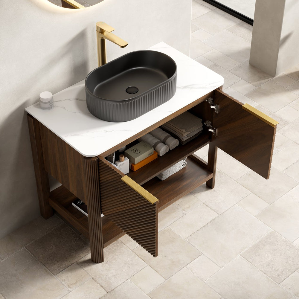 English Elm Dina Floating Bathroom Vanity Sintered Stone Top Glass Basin Striped Plywood Cabinet W2615S00722