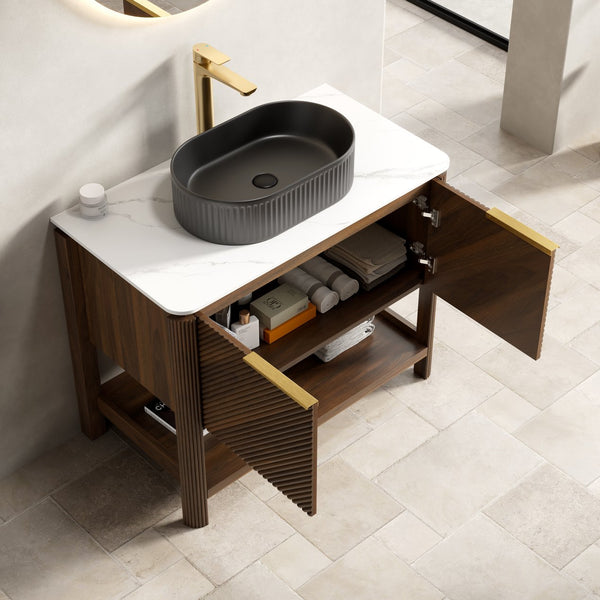 English Elm Dina Floating Bathroom Vanity Sintered Stone Top Glass Basin Striped Plywood Cabinet W2615S00722