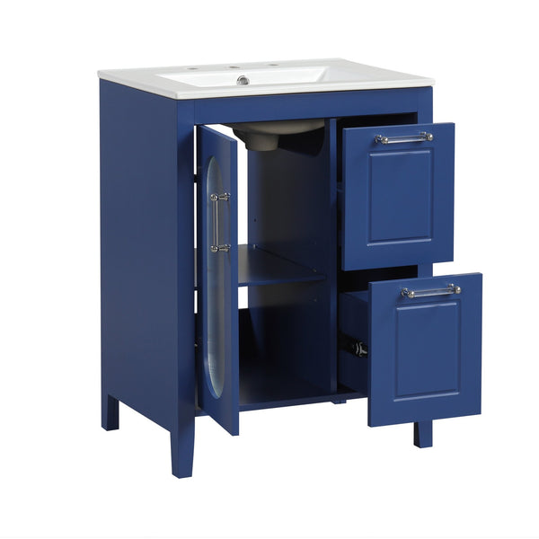 English Elm 24" Modern Bathroom Vanity with Ceramic Sink, Solid Wood & MDF Cabinet, Two Drawers, Shelf Blue N725P245273C