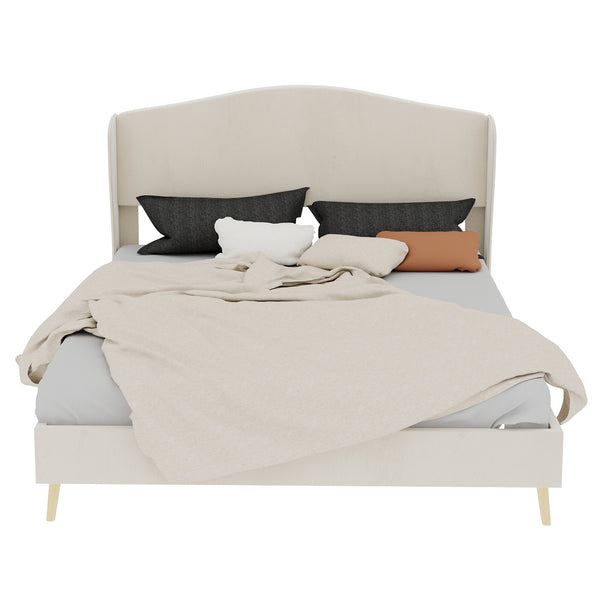 English Elm Velvet Tufted Queen Platform Bed Diamond Headboard for Elegant Master Bedroom Beige W1935P361022