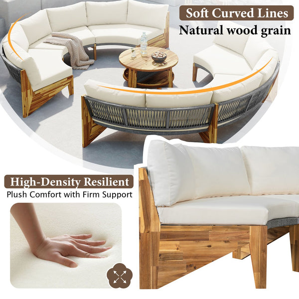 English Elm U_style Circular Patio Sofa Set Pp Rope Woven Steel Frame Acacia Wood Resort Lounge Beige WY000468AAA