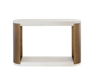 Sunpan Cavette Console Table – Opulent White Concrete with Antique Brass Frame for Indoor & Outdoor Elegance