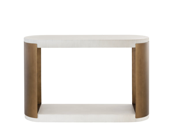 Sunpan Cavette Console Table – Opulent White Concrete with Antique Brass Frame for Indoor & Outdoor Elegance