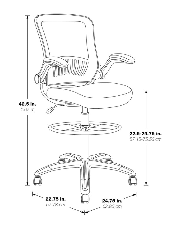 OSP Home Furnishings Mesh Back Ergonomic Drafting Chair with Lumbar Support Padded Flip up Arms Studio Use DCY69006-3M