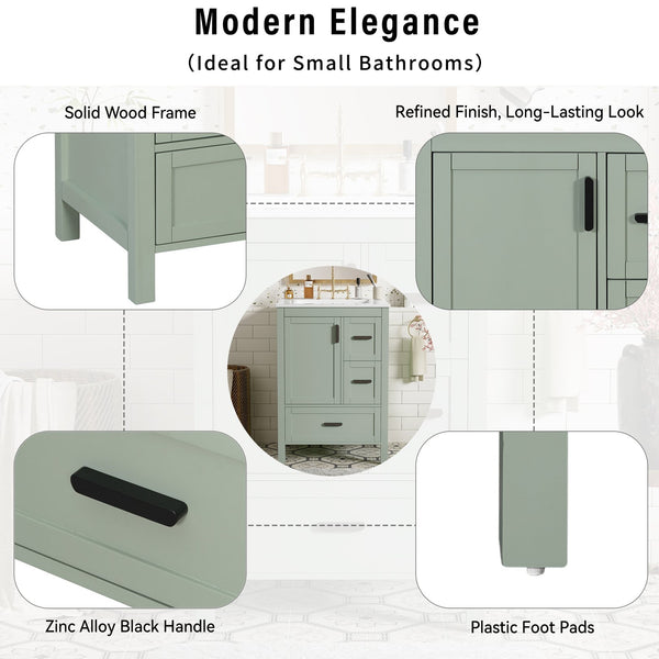 English Elm Modern 24 Inch Bathroom Vanity Solid Wood Cabinet with Ceramic Sink and Soft Close Storage Green N729P292859F