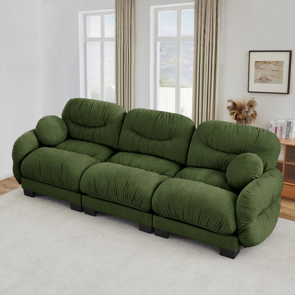 English Elm Pleated Chenille Three Seater Modular Sofa with Ergonomic Foam and Curved Armrests Green W5656S00049