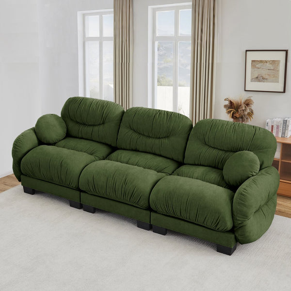English Elm Pleated Chenille Three Seater Modular Sofa with Ergonomic Foam and Curved Armrests Green W5656S00049