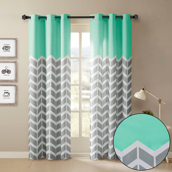 JLA Home Intelligent Design - Chevron Modern Chevron Room-Darkening Grommet Curtains — Bold Print, Noise Reduction, Easy Care Aqua ID40-555