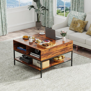 English Elm Farmhouse Flip Top Coffee Table With Hidden Storage – Rustic Wood & Metal Design For Stylish Living Rooms T2398P354184