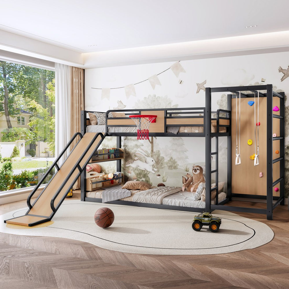 English Elm Twin Metal Loft Bed with Slide Basketball Hoop Climbing Wall and Built-in Shelves W1580S00631