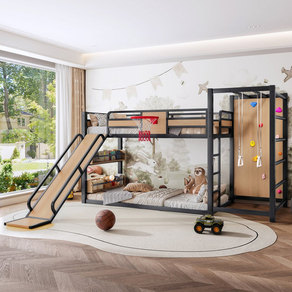English Elm Twin Metal Loft Bed with Slide Basketball Hoop Climbing Wall and Built-in Shelves W1580S00631