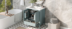 English Elm 30" Bathroom Vanity with Sink — Modern Freestanding 30" Cabinet with Ceramic Top, Drawer, Doors, Shelf Green N725P221263C