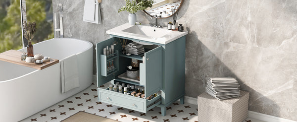 English Elm 30" Bathroom Vanity with Sink — Modern Freestanding 30" Cabinet with Ceramic Top, Drawer, Doors, Shelf Green N725P221263C
