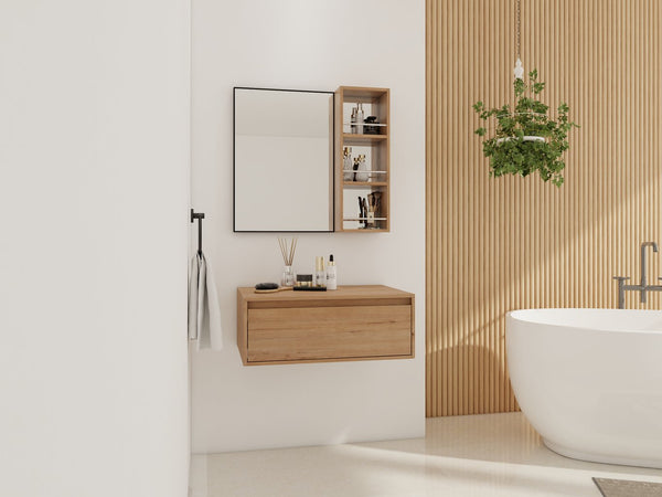 English Elm 30'' Wall Mounted Vanity Mirror Cabinet Black Aluminum Frame Open Shelf Bathroom W999S00537