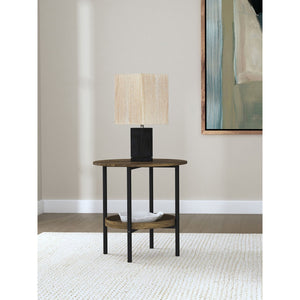 English Elm Kavita Round Farmhouse Side Table with Brown Wood Grain Top, Black Metal Legs & Lower Shelf Storage B062P299907