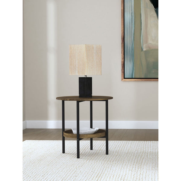 English Elm Kavita Round Farmhouse Side Table with Brown Wood Grain Top, Black Metal Legs & Lower Shelf Storage B062P299907