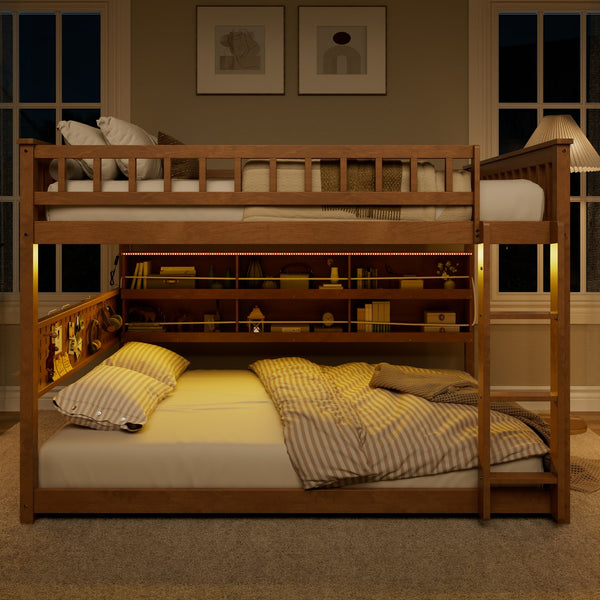 English Elm Full Over Bunk Bed with Led Lighting Pegboard Shelving and Pine Wood Frame Brown LT000278AAP