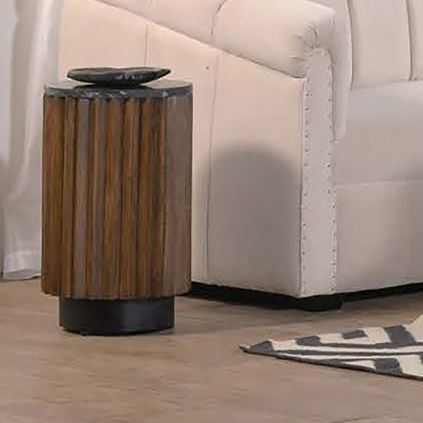 English Elm 12 In. Round Pierre Side Table with Black Marble Top & Slim Metal Base, Modern Compact Accent Piece B2741P286094