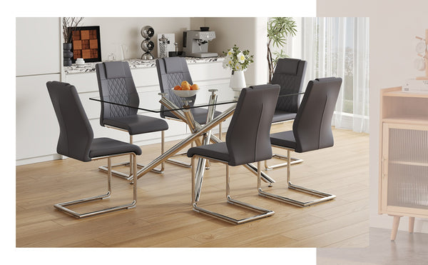 English Elm Table - Modern Luxurious Transparent Glass Dining Set With 6 Dark Gray Pu Chairs & Silver Legs W1151S04130-GIGA