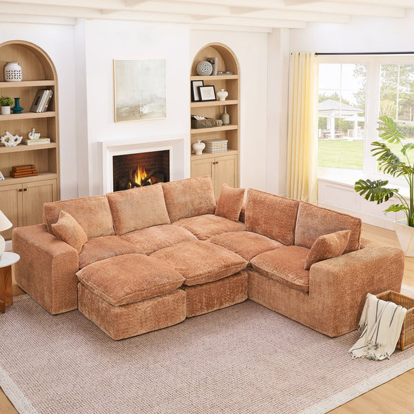 English Elm 107'' Boucle Modular Sectional with Reversible Chaise and Two Ottomans for Living Room Orange W1413S00169